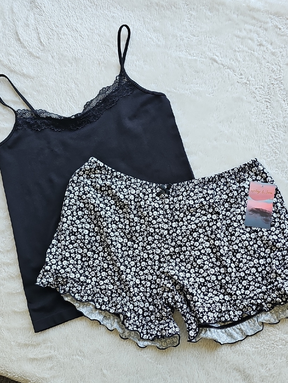Black Lace-Trim Camisole with Black & White Floral Sleep Shorts Set